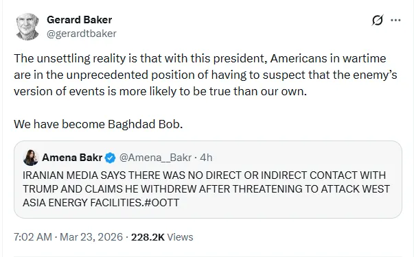 The unsettling reality is that with this president, Americans in wartime are in the unprecedented position of having to suspect that the enemy’s version of events is more likely to be true than our own.
We have become Baghdad Bob.