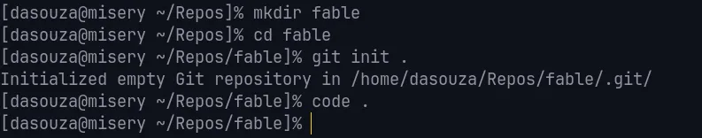 A screenshot of a terminal emulator showing the very first steps in a new development project: creating a directory and initializing a git repository.